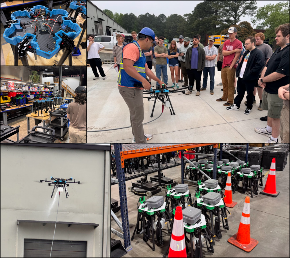 Collage of images showing the design and production facility, as well as a flight demonstration